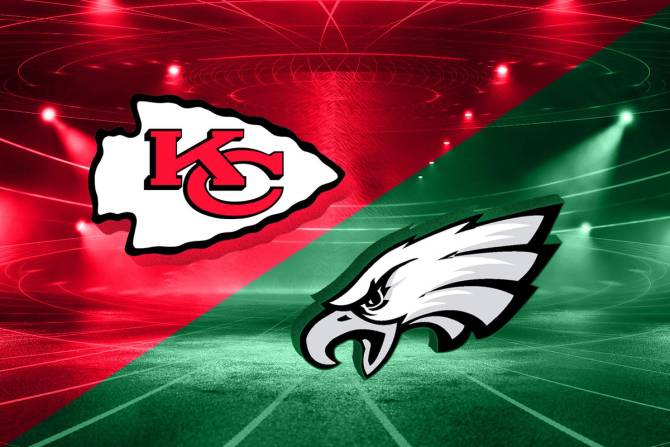 Mascots for the Kansas City Chiefs and Philadelphia Eagles face off in a virtual stadium.