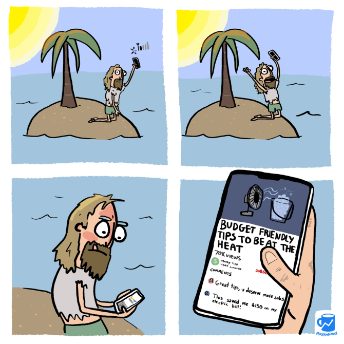 A guy browsing on his phone while stranded on a desert island