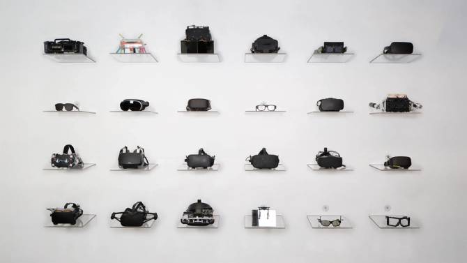 A wall of Meta headset prototypes