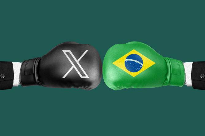 Two boxing gloves, one with the X logo and one with the flag of Brazil