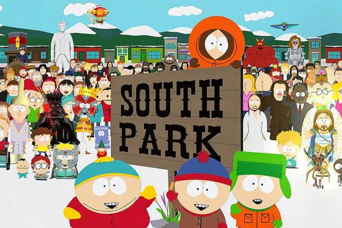 South Park still from the show with dozens of characters standing around