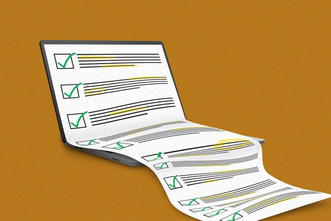 A laptop with a long checklist spilling out of the screen and over the keyboard