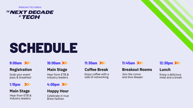 Schedule for Emerging Tech Brew event