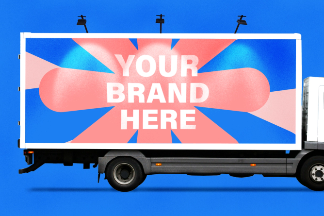 A large box truck with a billboard advertisement plastered to the side. Photo Illustration.