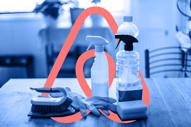 The Airbnb logo and cleaning supplies