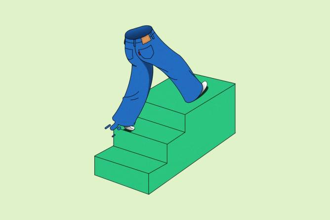 Jeans walking up stairs
