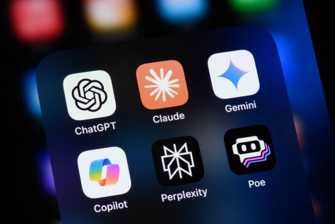 Apps for ChatGPT, Claude, Perplexity, Copilot, Poe, and Gemini on a mobile phone screen