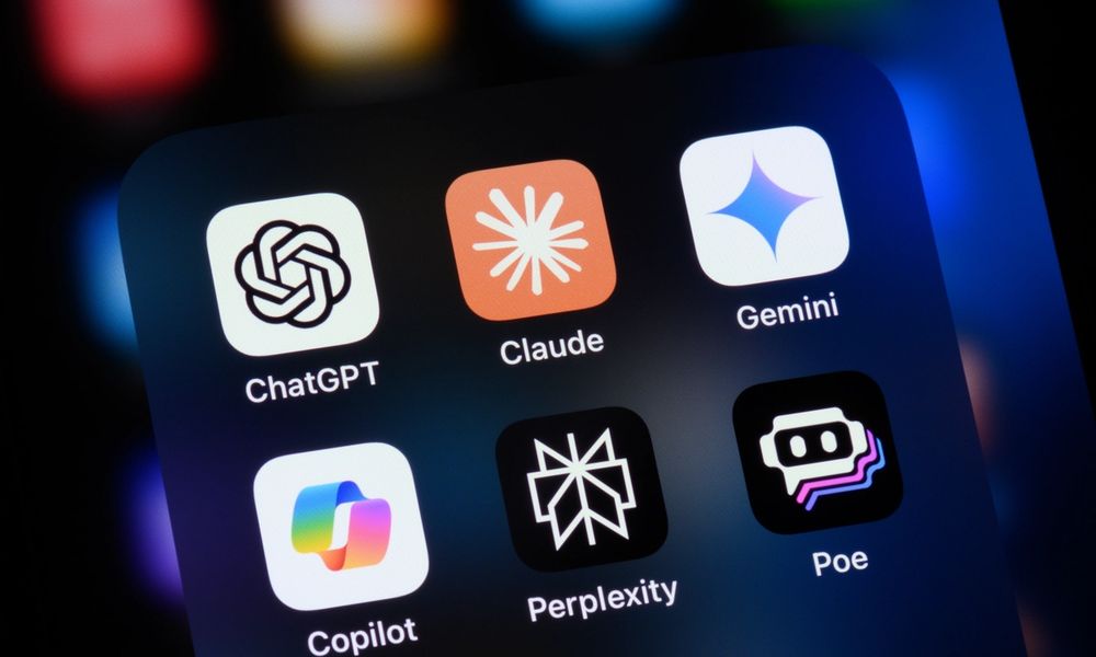 Apps for ChatGPT, Claude, Perplexity, Copilot, Poe, and Gemini on a mobile phone screen