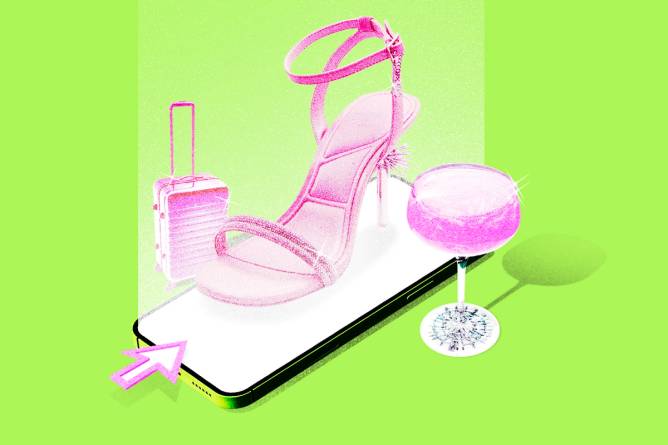 Collage of luggage, cocktail drink, and a shoe floating on a phone.