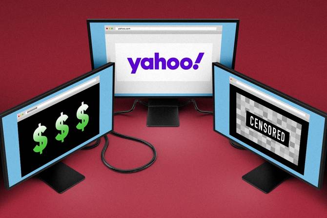 an image of three computers -- one says "Yahoo" on it, one says "Censored," and one says "$$$"