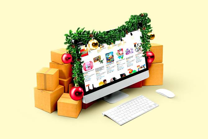 Holiday sales on a decorated computer