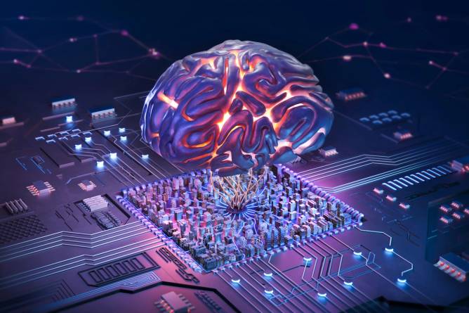 A brain hovering over a chip