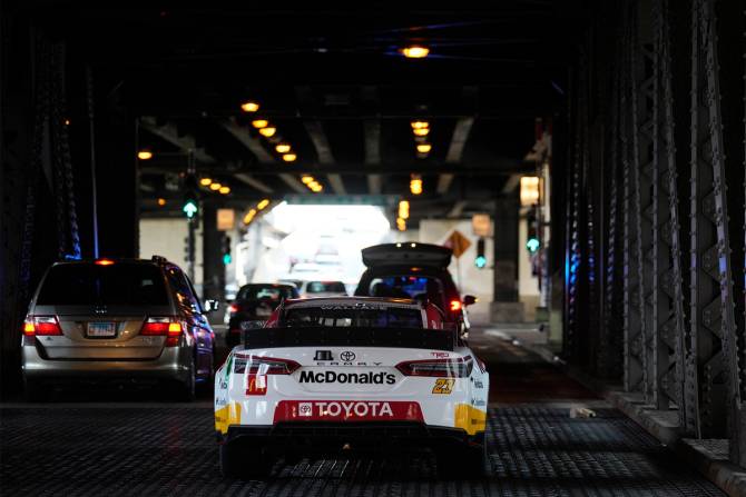 NASCAR race car on Chicago bridge