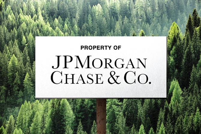 JPMorgan's logo on top of a forest