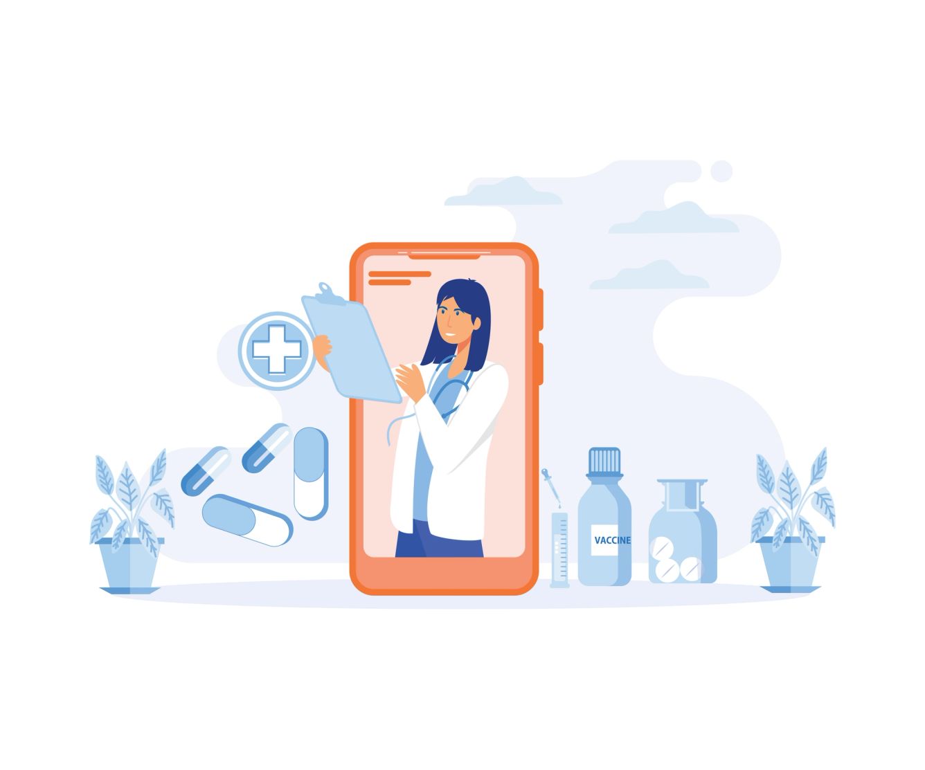 Smartphone screen with a female doctor with images of pills, medicine vials and plants
