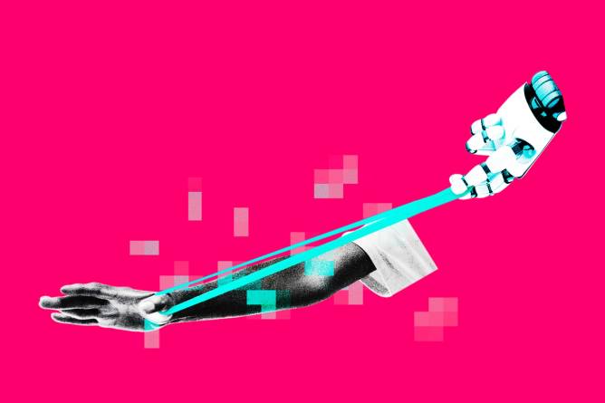 Robot hand pulling resistance band from human hand.