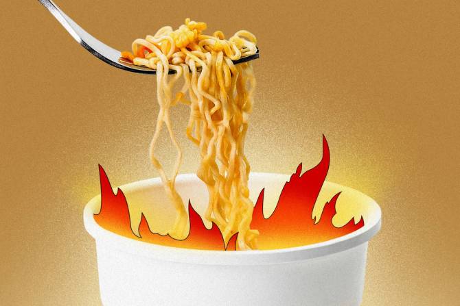 Instant noodles with fire coming out of the cup