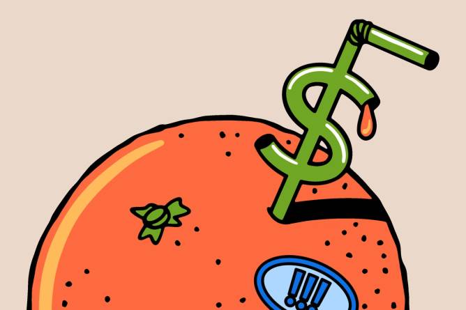 An orange pierced by a straw shaped like a dollar sign