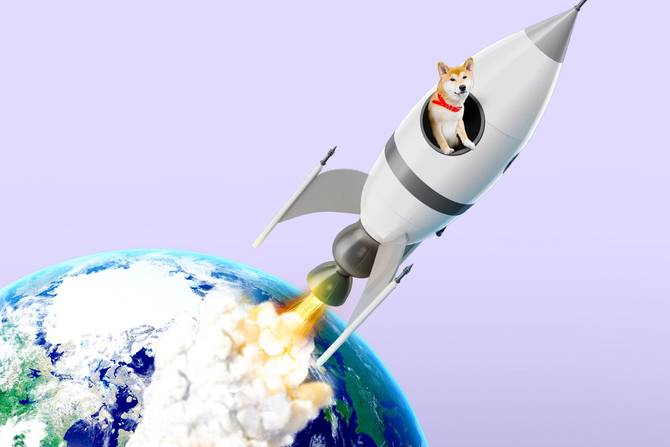A Shiba Inu dog on a rocket 