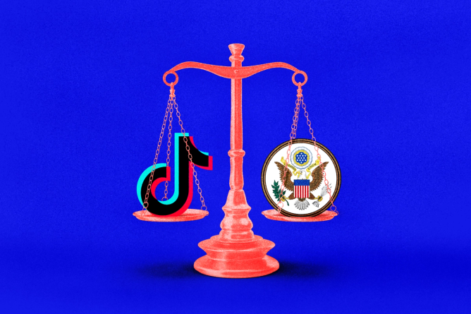 TikTok logo and the US presidential seal balanced on a scale