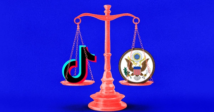 A scales of justice with the TikTok logo on the left side and the United States seal on the right