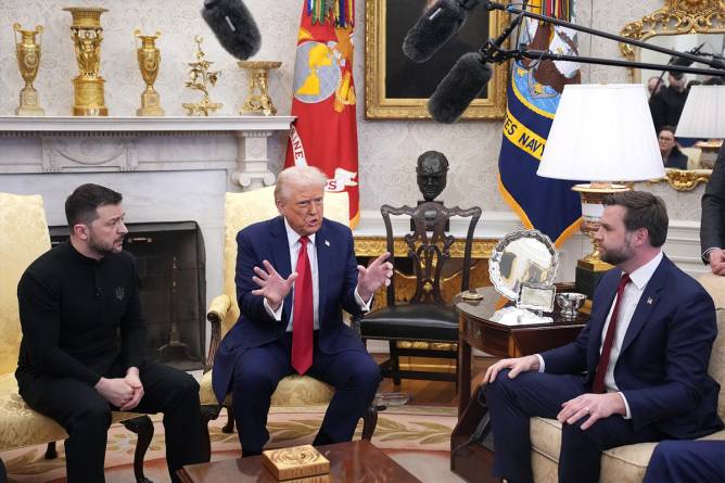 Ukrainian President Volodymyr Zelensky, US President Donald Trump, and Vice President JD Vance during a tense exchange in the Oval Office.