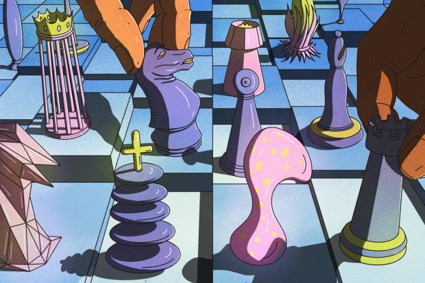 A chess board with whimsical colors and pieces