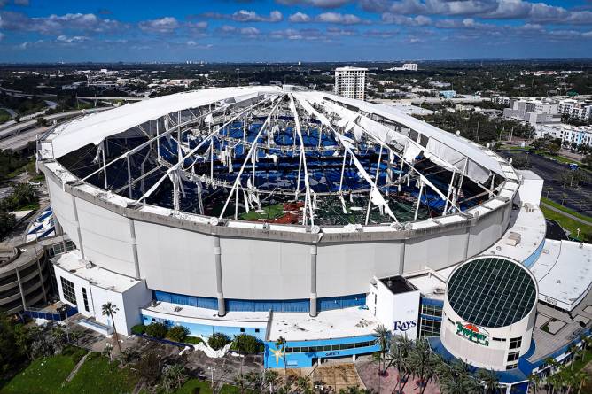 Tropicana Field after its roof was destroyed by Hurricane Milton