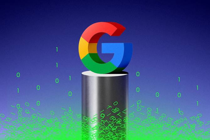 Image of Google logo on a pedestal above disintegrating lines of binary code