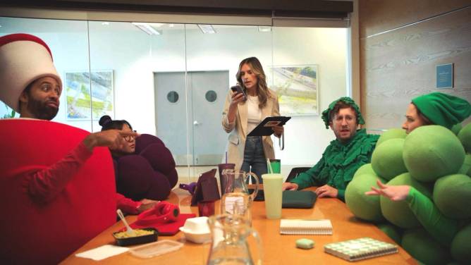 The Fruit of the Loom brand characters–an apple, a bunch of red grapes, a bunch of green grapes, and a leafy shrub–are gathered around a table in conference room. 