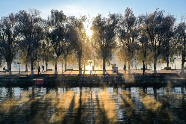 This photo taken on November 12, 2023 shows a person walking along a lake at Beiling Park in Shenyang, in China's northeastern Liaoning province.