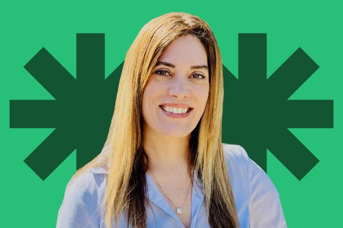 A portrait of Kasey Harboe Guentert against a green background with dark green star graphics