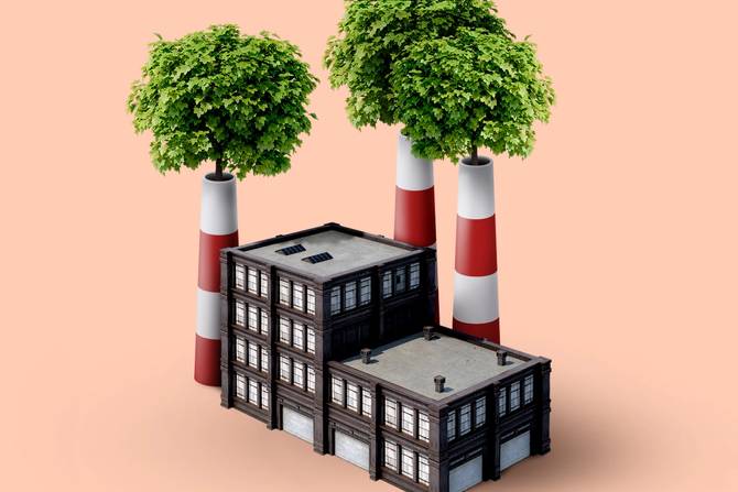 Industrial building with trees coming out of smokestacks