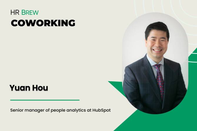 tan postcard-style image; on the left it says: HR Brew Coworking; Yuan Hou; senior manager of people analytics at HubSpot. On the right is an oval headshot of a smiling man with short black hair and wearing a suit and tie