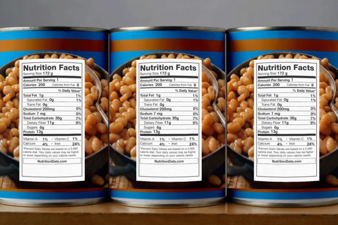 Cans of beans with nutrition labels displayed on the front