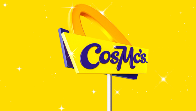 the CosMc's sign and logo in front of a yellow background with retro-looking white stars