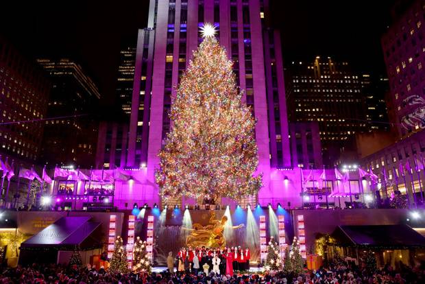 A view of the lit tree during the 2023 Rockefeller Center Christmas Tree Lighting Ceremony