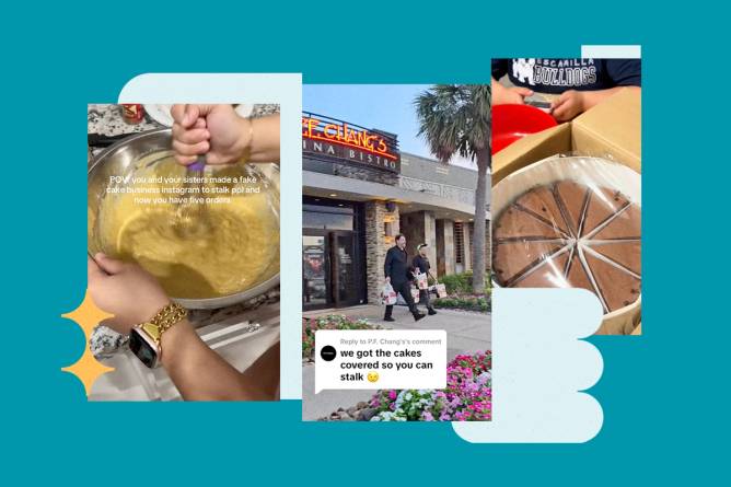 Collaged images of a person mixing cake batter, two P.F. Chang employees leaving a location with bags, a chocolate cake sliced into 8 pieces. 