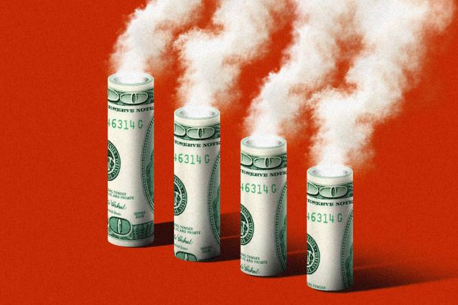 Graphic of US dollar bills in the shape of smoke stacks