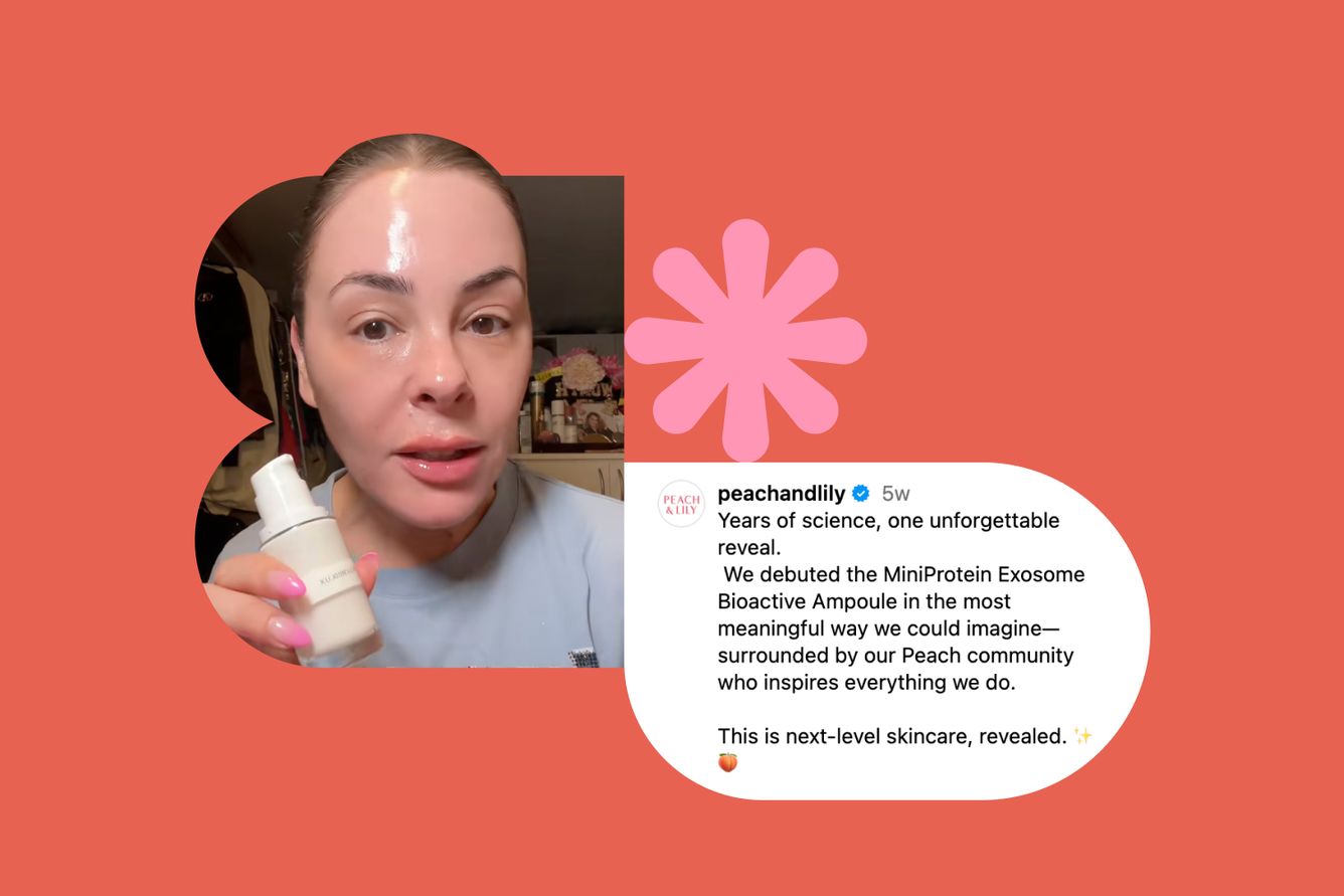 Photo collage of a woman holding a product in her hand and a written Instagram post from Peach and Lily contained in abstract shapes.