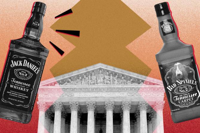 Jack Daniels Bottle and Bad Spaniels bottle on opposite sides of the Supreme Court building.