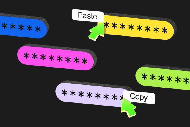 Text bubble with starred passwords and arrows clicking copy and paste.