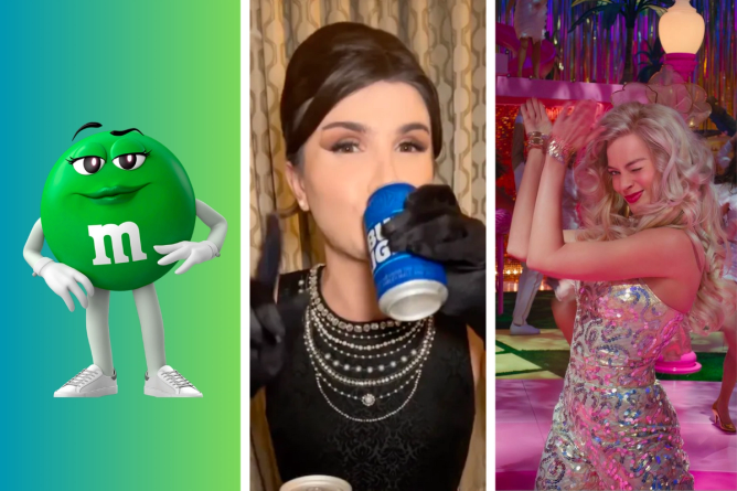 a triptych of the green M&M, Dylan Mulvaney drinking a Bud Light, and a still of Margot Robbie from the Barbie movie  