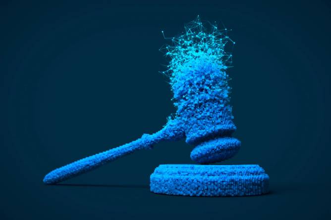 A virtual gavel disintegrating into code