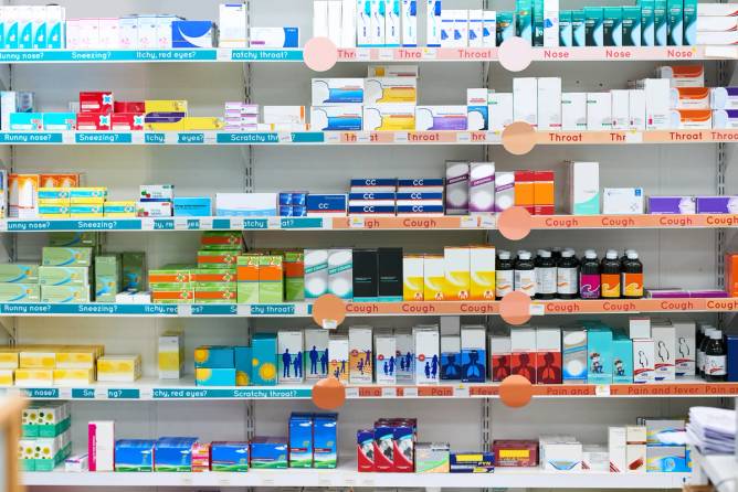 Shelves filled with brightly covered products