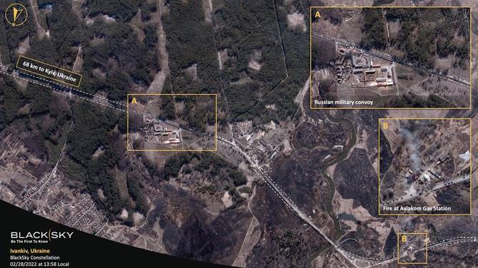 A satellite image of a Russian military convoy on the road to Ukraine