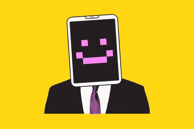 A business person in a suit and tie with a smiling tablet for a head.