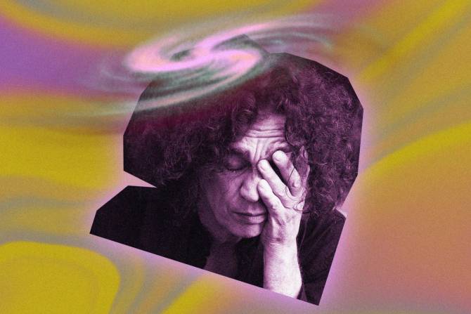 image of woman rubbing her eyes with a purple vortex above her head on a yellow and orange background