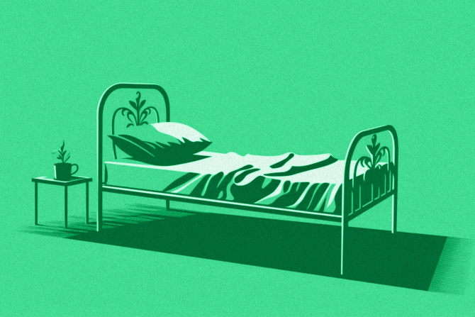 A psychiatric bed next to a side table with a plant on it isolated on a green background
