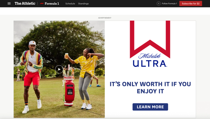 a Michelob Ultra ad on The Athletic's site